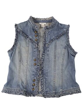 Harold's Denim Vest Medium Ruffle Trim Snap Front Blue Jean Western Cottagecore